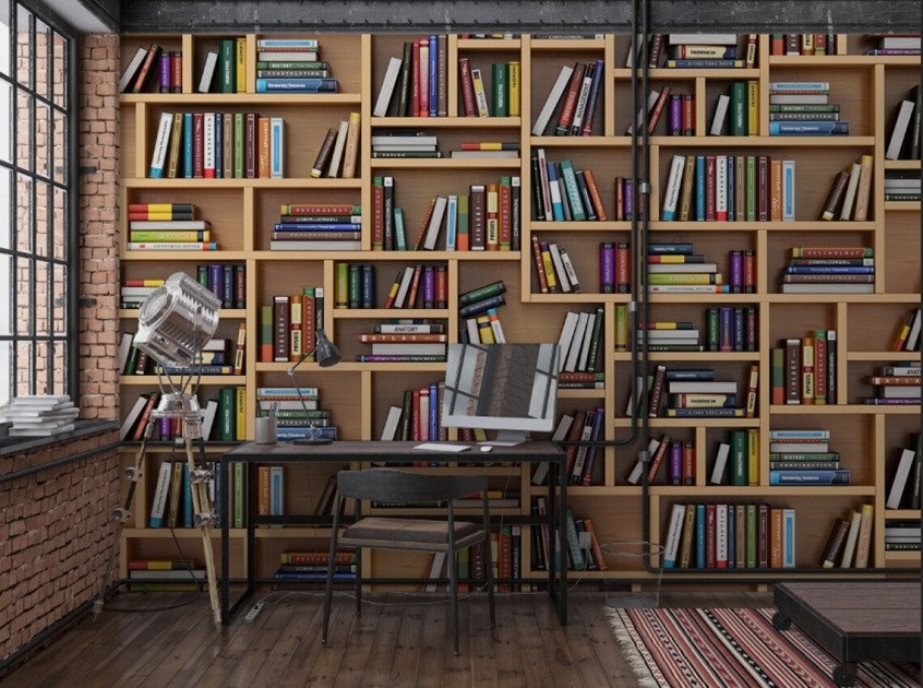 3d bookshelf and books wood wallpaper