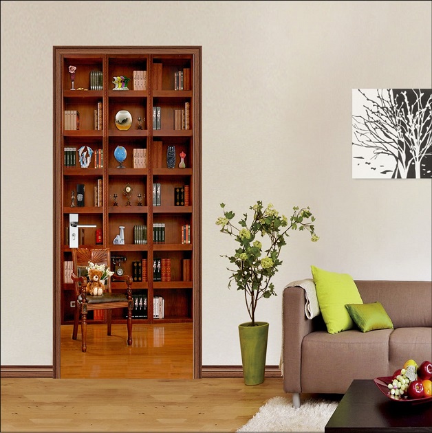 3D bookshelf door wallpaper