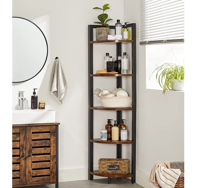 5 tier rustic wooden tall corner shelf for bathroom

