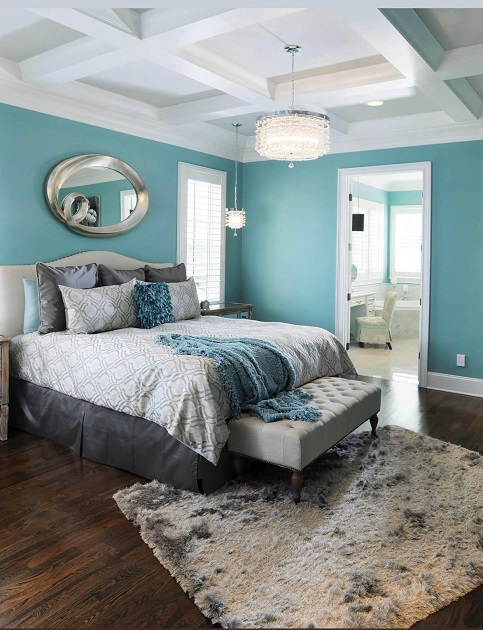 blissful blues tiffany blue inspired bedroom with dark wood floors