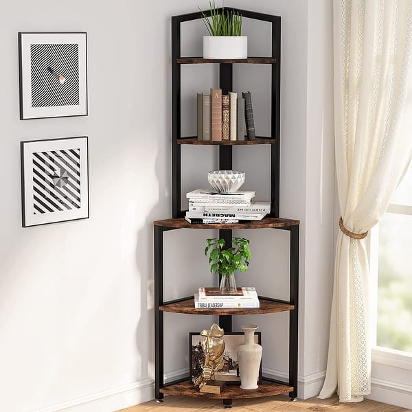 Five-tier corner ladder shelf with elegant rustic look