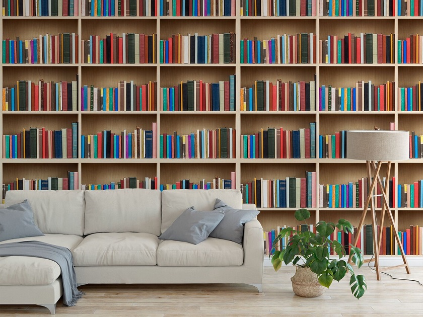 Peel and stick library bookshelf wallpaper