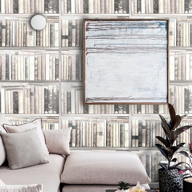 Vintage books wallpaper on wall bookcase