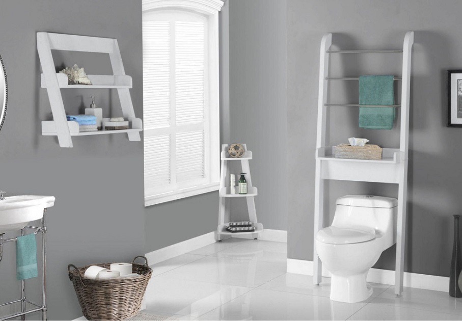 White color free standing corner shelf for bathroom