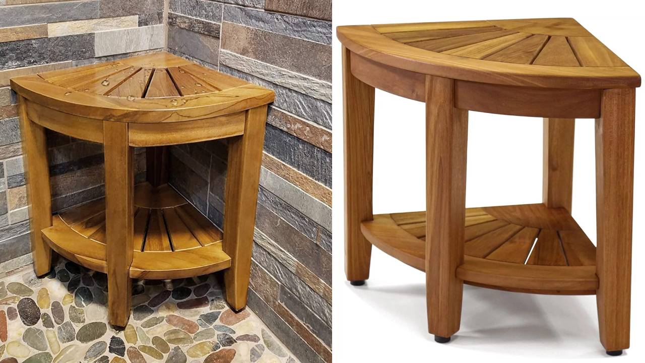 compact corner shape teak wood corner shower seat with storage shelf