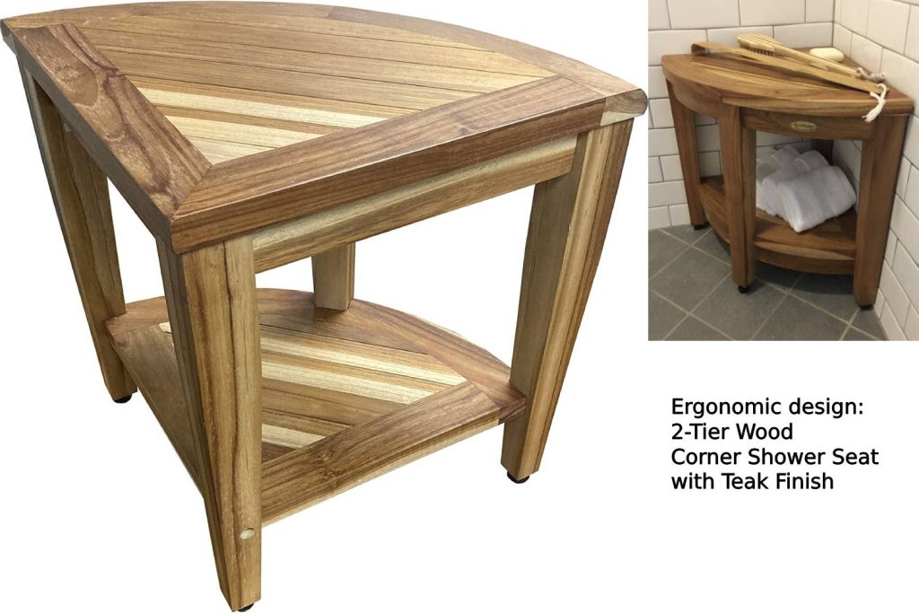 ergonomic design 2-tier wood corner shower seat with teak finish
