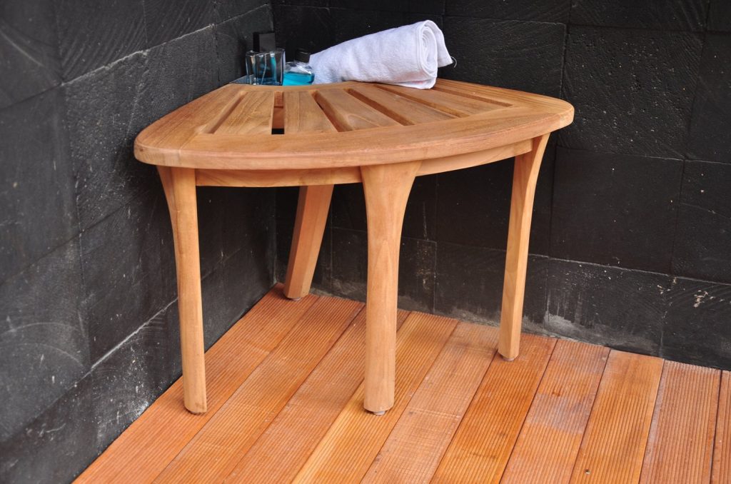 premium grade teak wood corner seat shower bench with wire basket