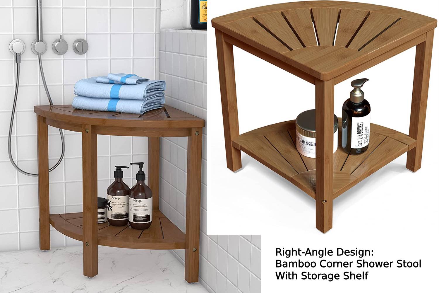 right-angle design bamboo corner shower stool with storage shelf