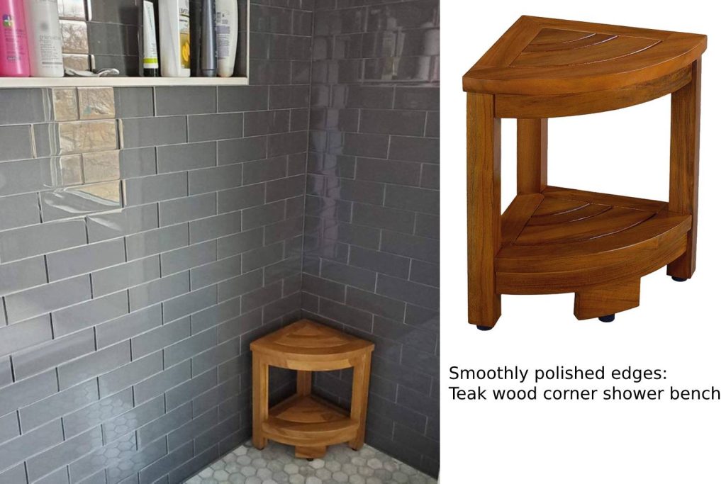 Smoothly polished edges teak wood corner shower bench