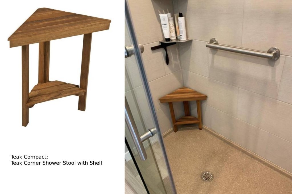 teak compact teak corner shower stool with shelf
