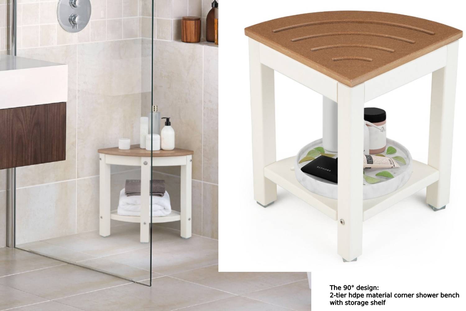 the 90 design 2 tier hdpe material corner shower bench with storage shelf