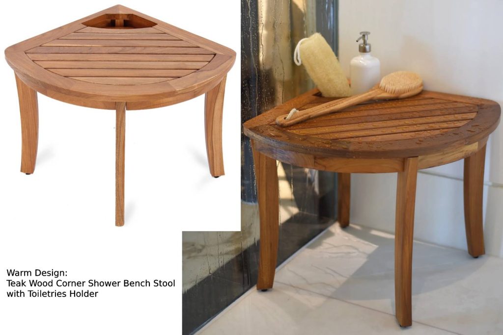 warm design teak wood corner shower bench stool with toiletries holder