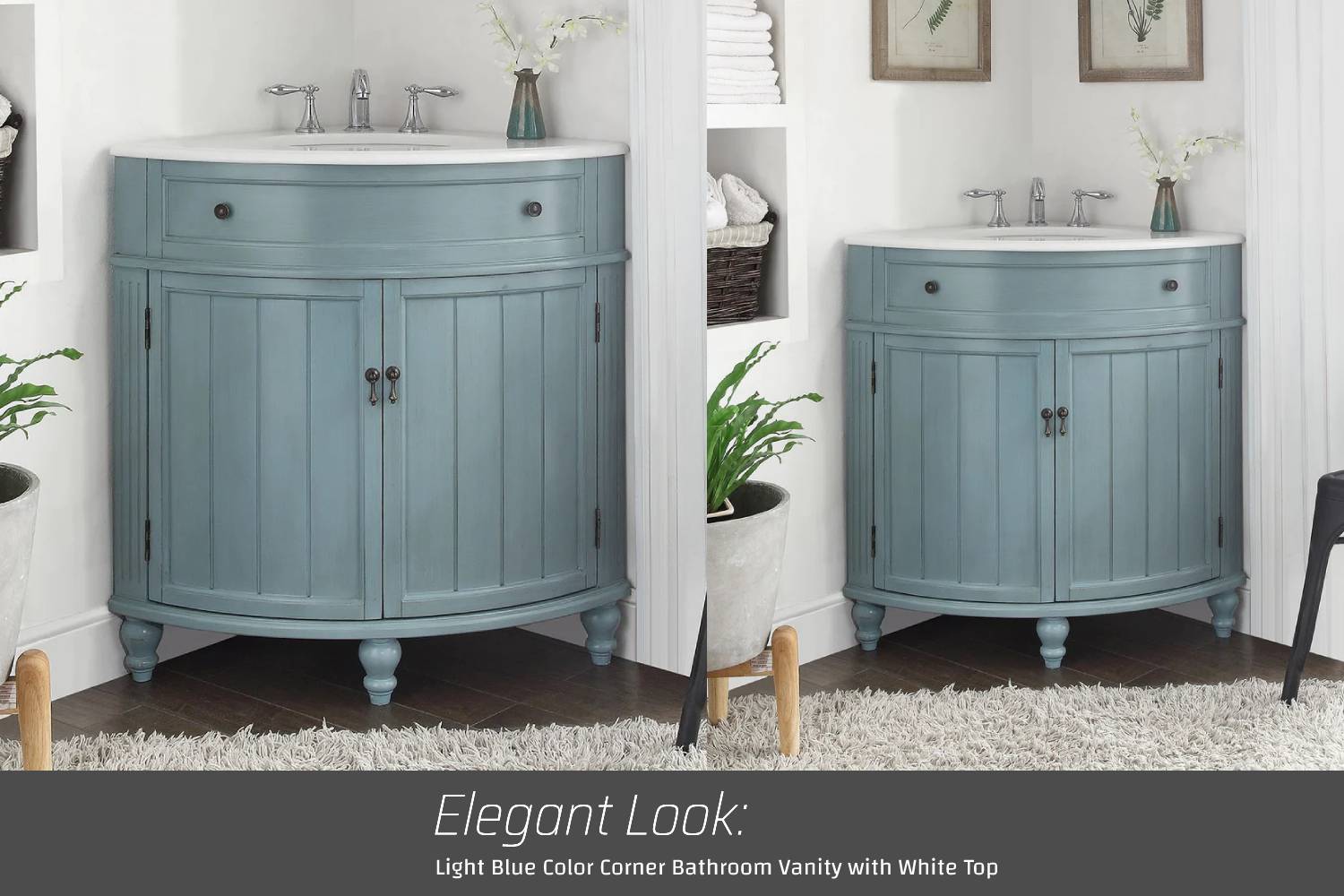 Elegant look light blue color corner bathroom vanity with white top