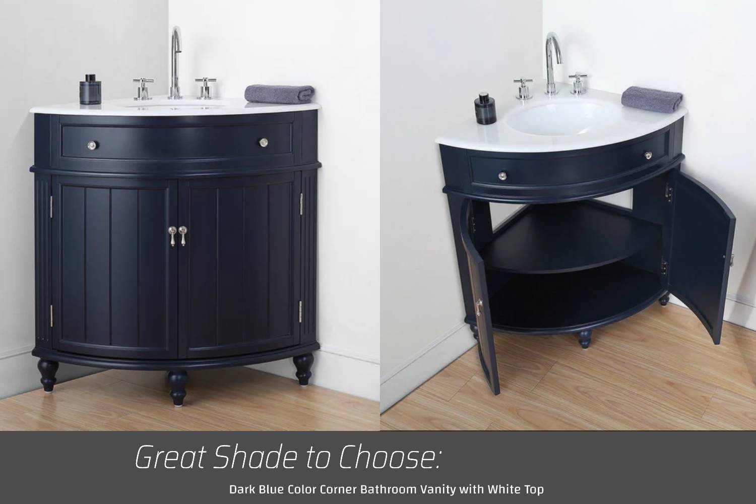 Great shade to choose dark blue color corner bathroom vanity with white top
