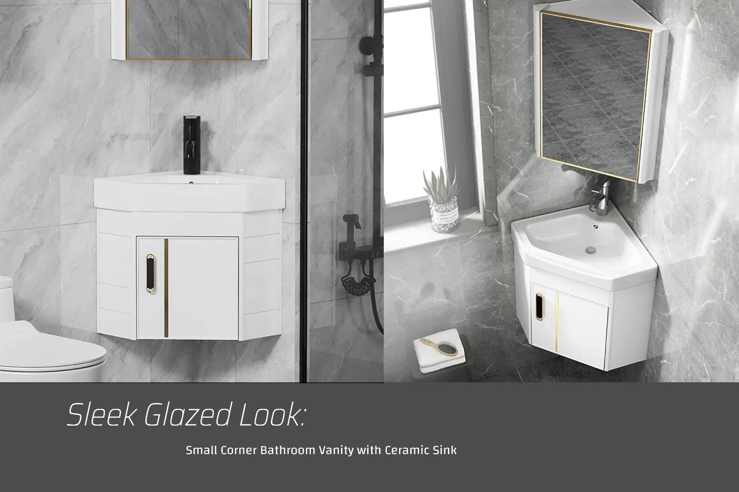 Sleek glazed small corner bathroom vanity with ceramic sink